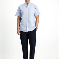 Light Navy Short Sleeve Regular Fit Button-Down Collar Patterned Cotton Shirt