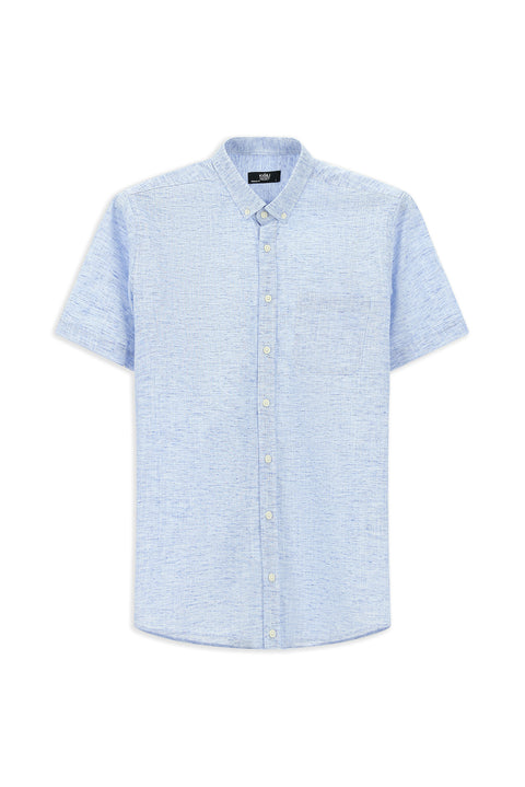 Light Navy Short Sleeve Regular Fit Button-Down Collar Patterned Cotton Shirt