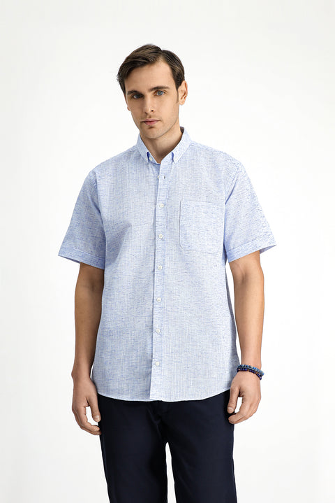 Light Navy Short Sleeve Regular Fit Button-Down Collar Patterned Cotton Shirt