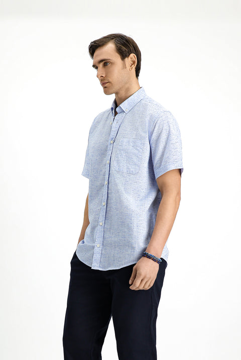 Light Navy Short Sleeve Regular Fit Button-Down Collar Patterned Cotton Shirt