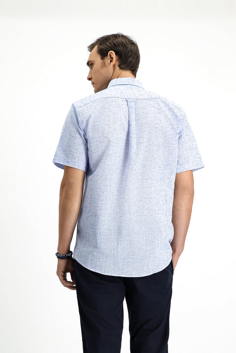 Light Navy Short Sleeve Regular Fit Button-Down Collar Patterned Cotton Shirt