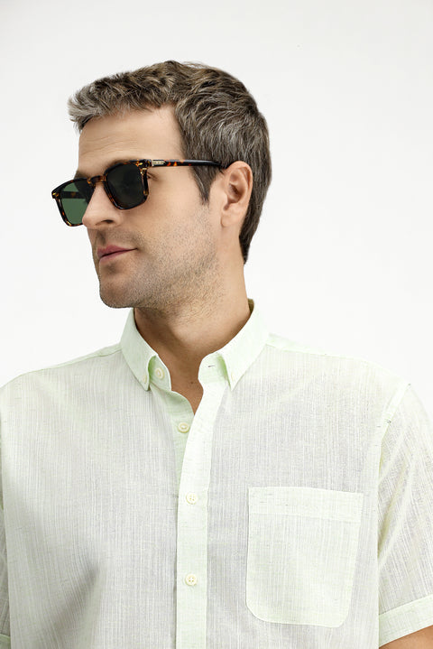 Mint Green Short Sleeve Regular Fit Button-Down Collar Patterned Cotton Shirt