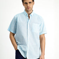Light Turquoise Short Sleeve Regular Fit Button-Down Collar Patterned Cotton Shirt
