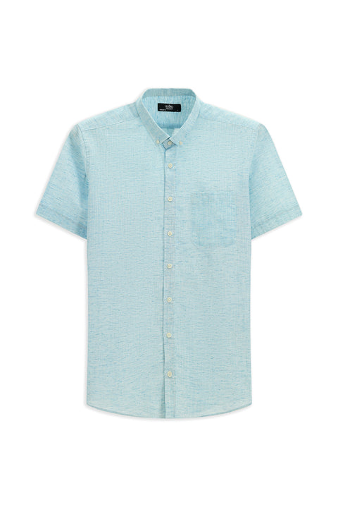 Light Turquoise Short Sleeve Regular Fit Button-Down Collar Patterned Cotton Shirt