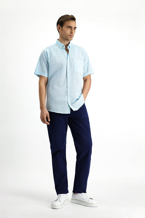 Light Turquoise Short Sleeve Regular Fit Button-Down Collar Patterned Cotton Shirt