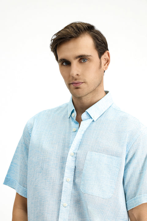 Light Turquoise Short Sleeve Regular Fit Button-Down Collar Patterned Cotton Shirt