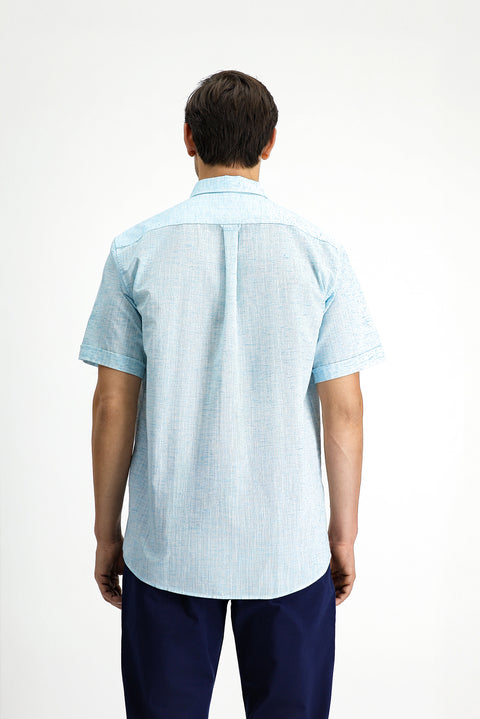 Light Turquoise Short Sleeve Regular Fit Button-Down Collar Patterned Cotton Shirt