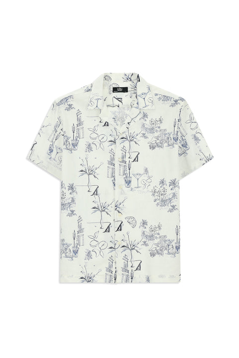 White Short Sleeve Regular Fit Cotton Linen Blend Printed Shirt