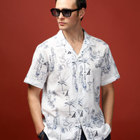 White Short Sleeve Regular Fit Cotton Linen Blend Printed Shirt