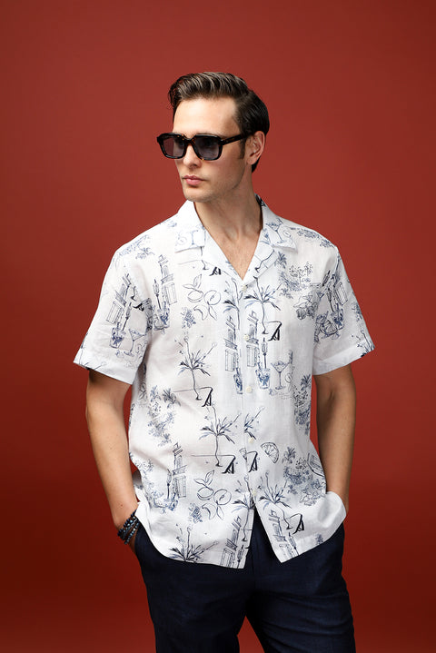 White Short Sleeve Regular Fit Cotton Linen Blend Printed Shirt