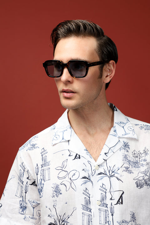White Short Sleeve Regular Fit Cotton Linen Blend Printed Shirt