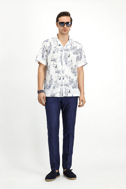 White Short Sleeve Regular Fit Cotton Linen Blend Printed Shirt