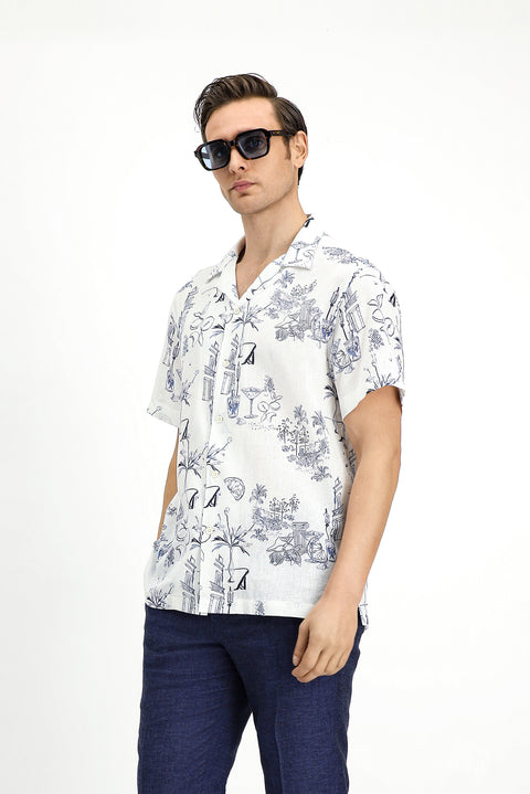 White Short Sleeve Regular Fit Cotton Linen Blend Printed Shirt
