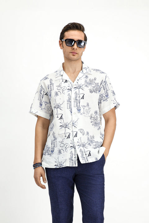 White Short Sleeve Regular Fit Cotton Linen Blend Printed Shirt