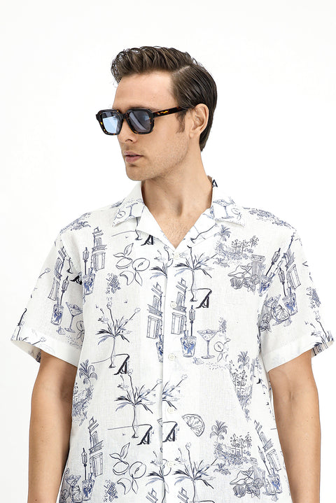 White Short Sleeve Regular Fit Cotton Linen Blend Printed Shirt