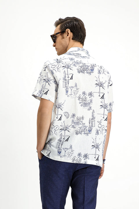 White Short Sleeve Regular Fit Cotton Linen Blend Printed Shirt
