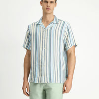 Light Navy Short Sleeve Regular Fit Cotton Sport Striped Shirt