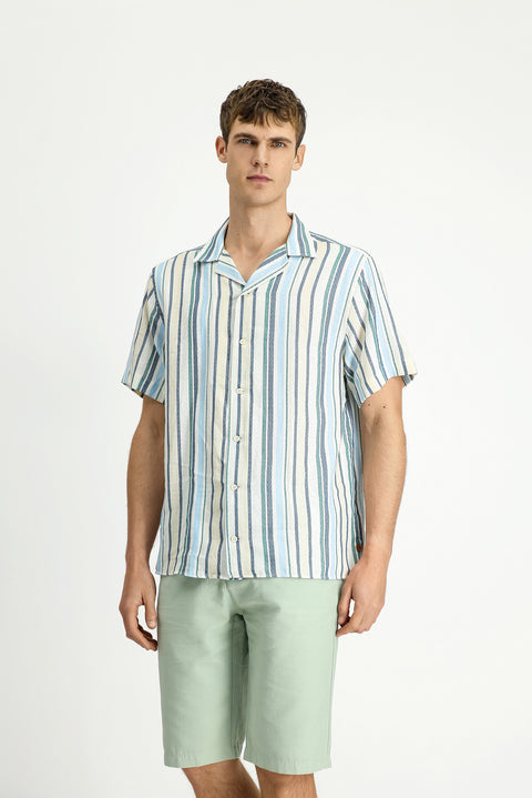 Light Navy Short Sleeve Regular Fit Cotton Sport Striped Shirt