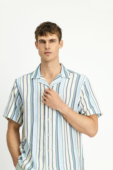 Light Navy Short Sleeve Regular Fit Cotton Sport Striped Shirt