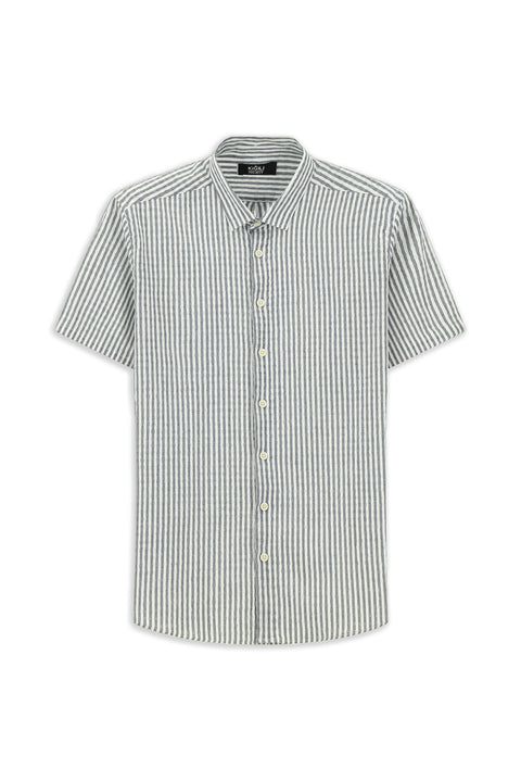 White and Navy Short Sleeve Regular Fit Cotton Striped Waffle Shirt