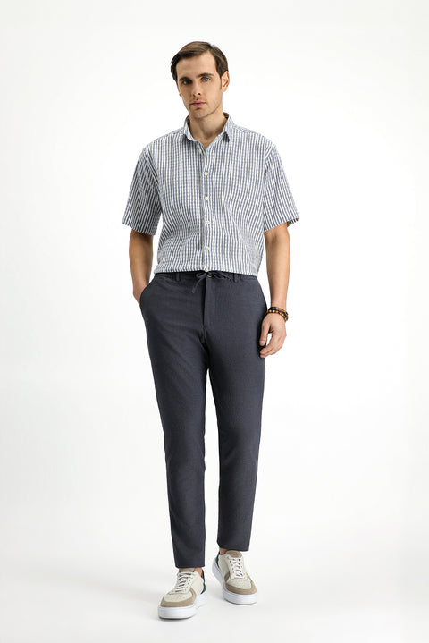 White and Navy Short Sleeve Regular Fit Cotton Striped Waffle Shirt