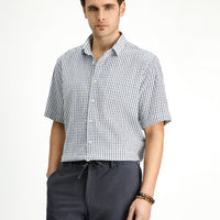 White and Navy Short Sleeve Regular Fit Cotton Striped Waffle Shirt