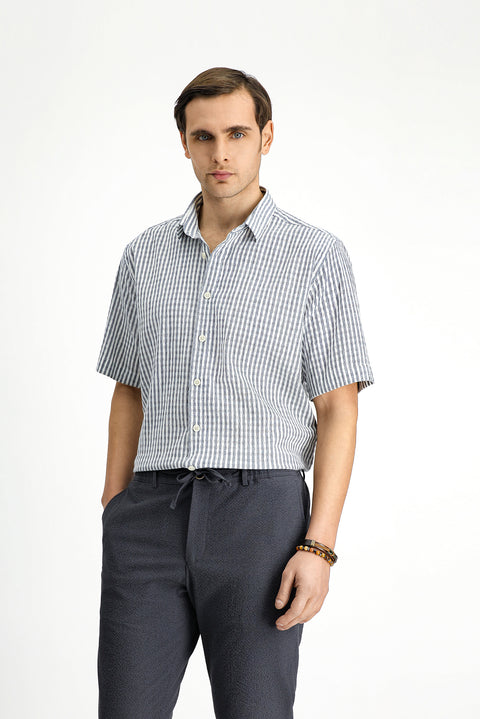 White and Navy Short Sleeve Regular Fit Cotton Striped Waffle Shirt