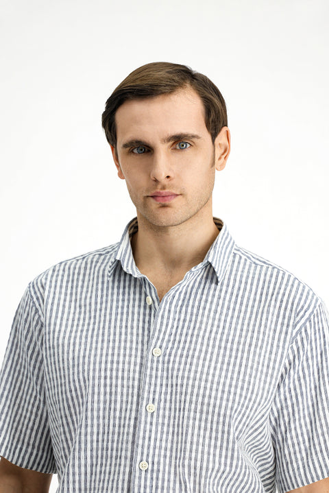 White and Navy Short Sleeve Regular Fit Cotton Striped Waffle Shirt