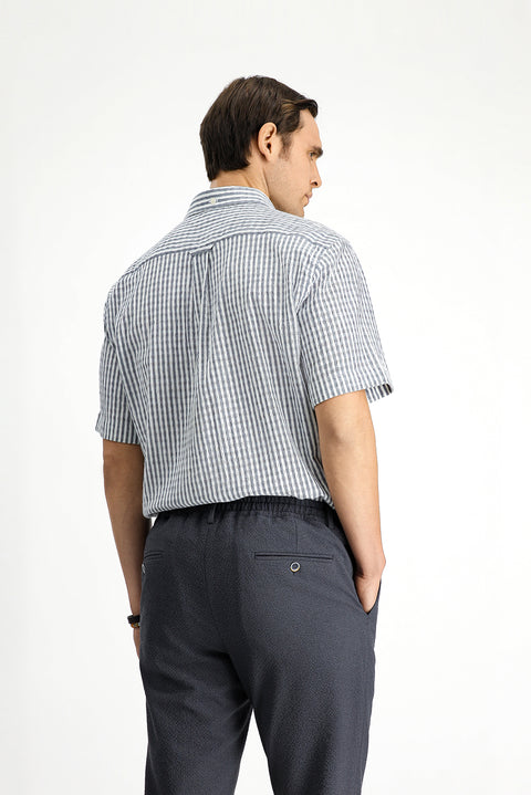 White and Navy Short Sleeve Regular Fit Cotton Striped Waffle Shirt