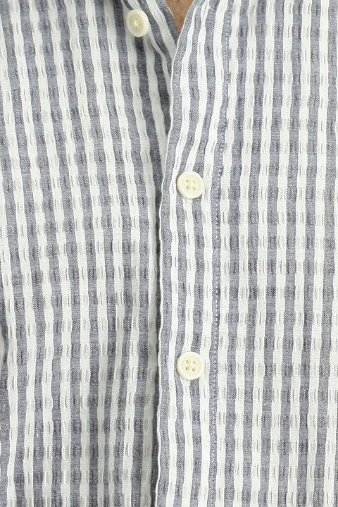 White and Navy Short Sleeve Regular Fit Cotton Striped Waffle Shirt