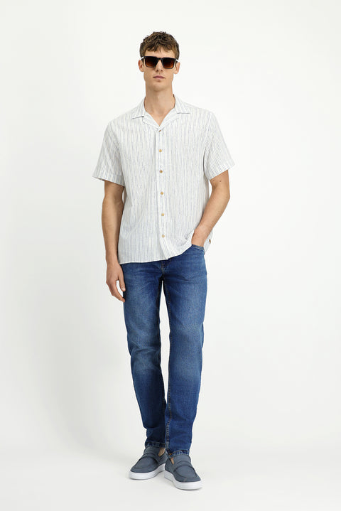 Light Navy Short Sleeve Regular Fit Cotton Sporty Striped Shirt