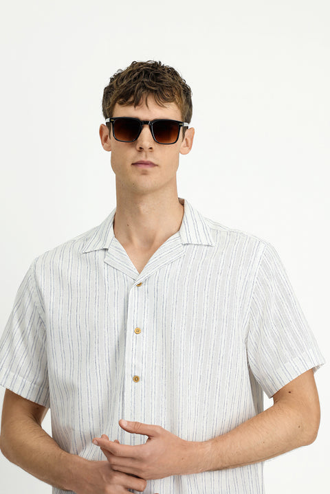 Light Navy Short Sleeve Regular Fit Cotton Sporty Striped Shirt
