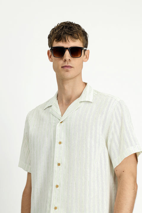 Light Green Short Sleeve Regular Fit Cotton Sporty Striped Shirt
