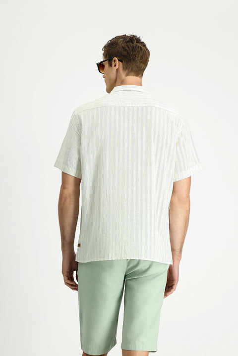 Light Green Short Sleeve Regular Fit Cotton Sporty Striped Shirt