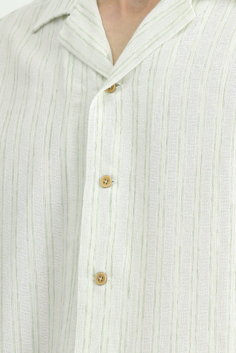 Light Green Short Sleeve Regular Fit Cotton Sporty Striped Shirt