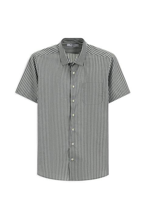 Dark Gray Short Sleeve Regular Fit Striped Easy-Iron Cotton Shirt