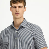 Dark Gray Short Sleeve Regular Fit Striped Easy-Iron Cotton Shirt