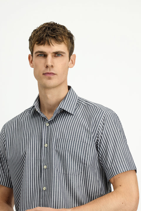 Dark Gray Short Sleeve Regular Fit Striped Easy-Iron Cotton Shirt