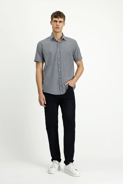 Dark Gray Short Sleeve Regular Fit Striped Easy-Iron Cotton Shirt