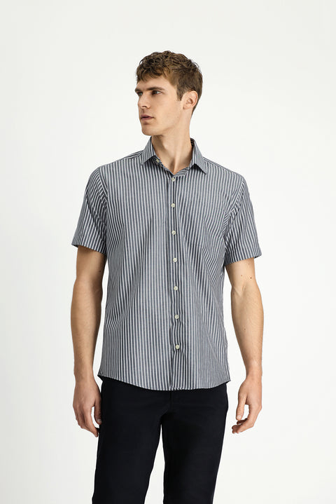 Dark Gray Short Sleeve Regular Fit Striped Easy-Iron Cotton Shirt