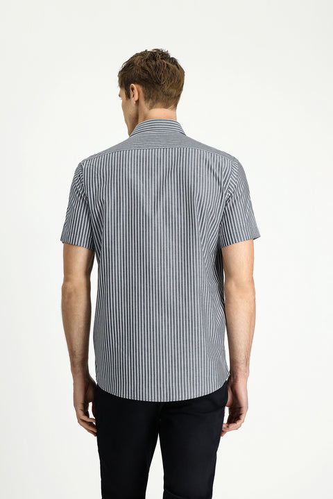 Dark Gray Short Sleeve Regular Fit Striped Easy-Iron Cotton Shirt