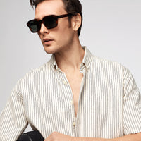 Light Beige Short Sleeve Regular Fit Button-Down Collar Cotton Striped Shirt