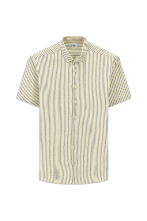 Light Beige Short Sleeve Regular Fit Button-Down Collar Cotton Striped Shirt