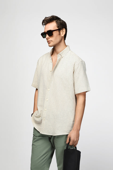 Light Beige Short Sleeve Regular Fit Button-Down Collar Cotton Striped Shirt