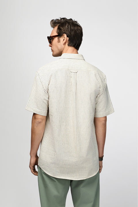Light Beige Short Sleeve Regular Fit Button-Down Collar Cotton Striped Shirt