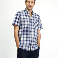 Light Navy Short Sleeve Regular Fit Cotton Sport Button-Down Plaid Shirt