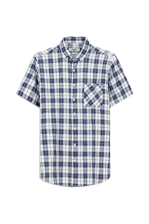 Light Navy Short Sleeve Regular Fit Cotton Sport Button-Down Plaid Shirt