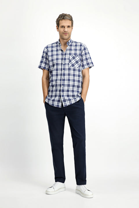 Light Navy Short Sleeve Regular Fit Cotton Sport Button-Down Plaid Shirt