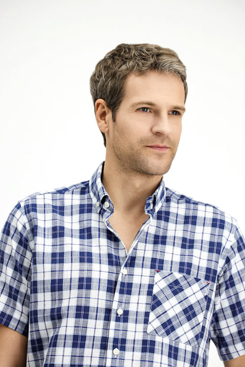 Light Navy Short Sleeve Regular Fit Cotton Sport Button-Down Plaid Shirt