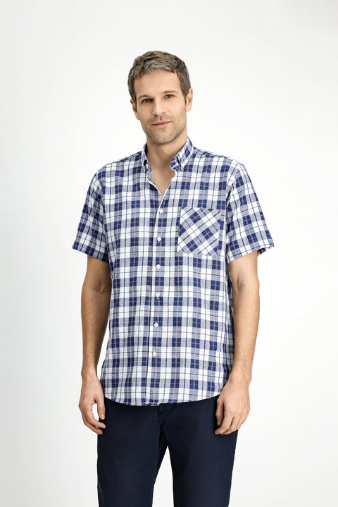 Light Navy Short Sleeve Regular Fit Cotton Sport Button-Down Plaid Shirt